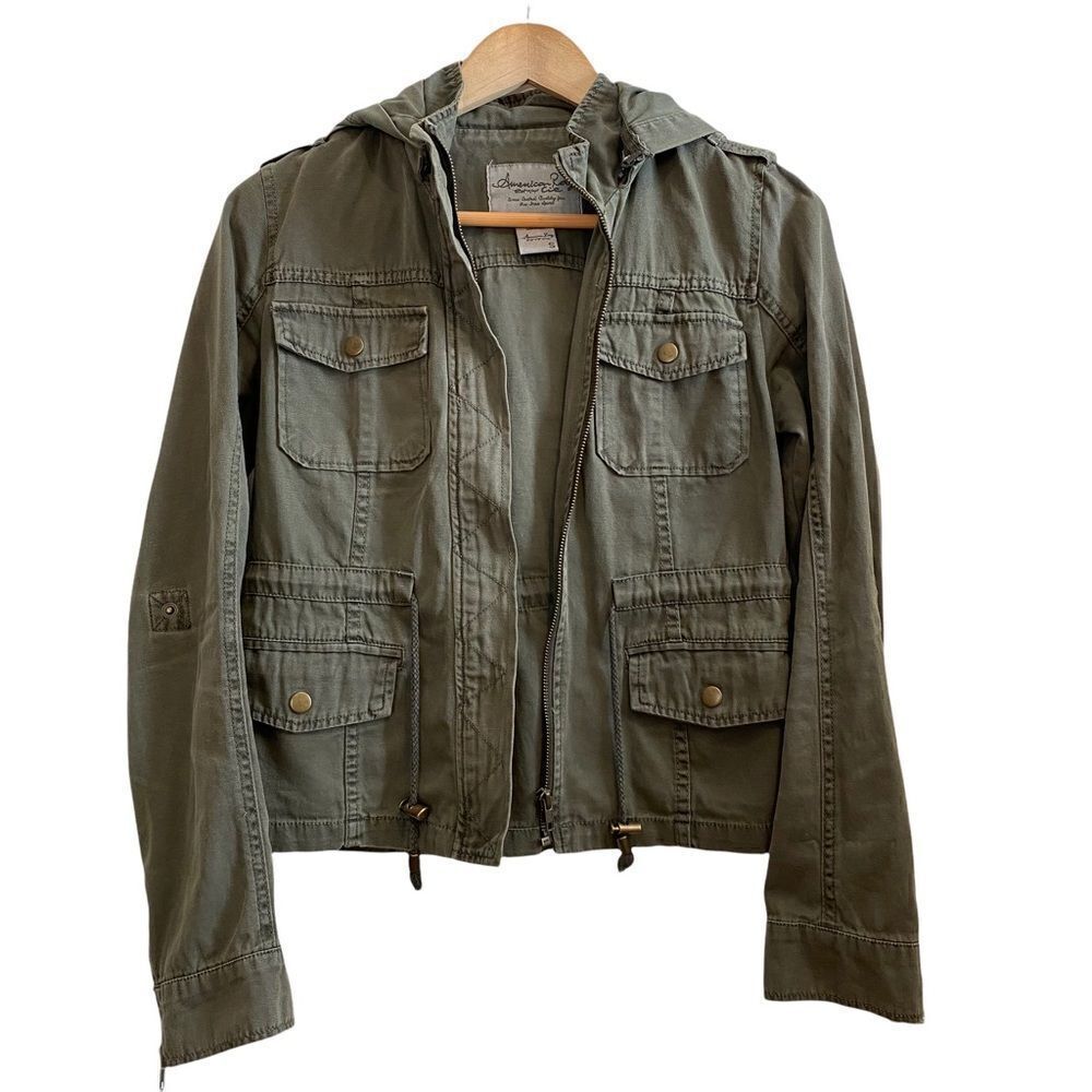 American Rag Olive Green Cropped Removable Hood Roll Up Sleeve Jacket size S
